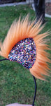 Black Rainbow Sparkle-Orange Faux Fur Kittycorn Ears