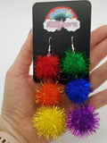 Sparkle Rainbow Queen Cascade Pom Pom Earrings
